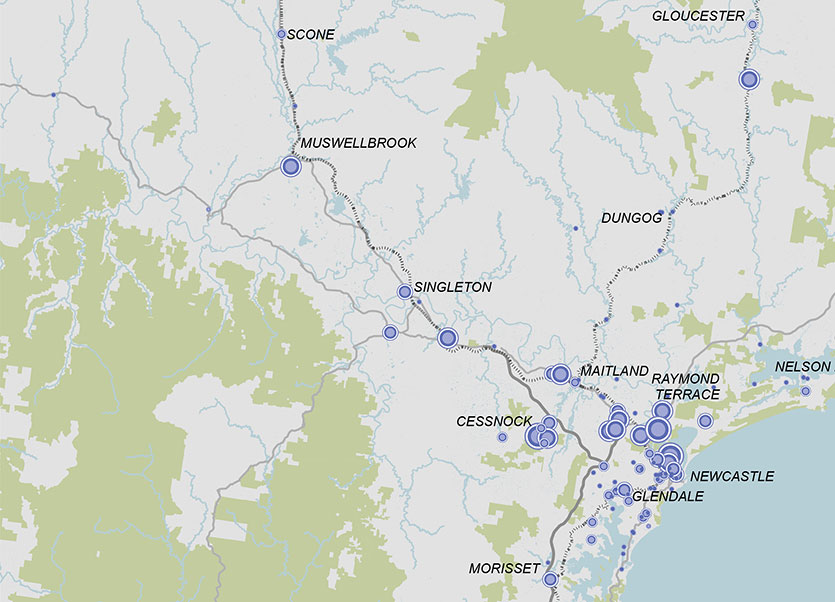 Map of Hunter Employment Land Suburbs