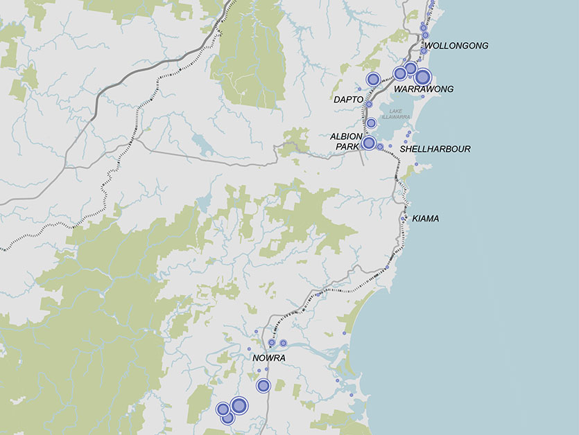 Map of Illawarra-Shoalhaven Employment Land Suburbs