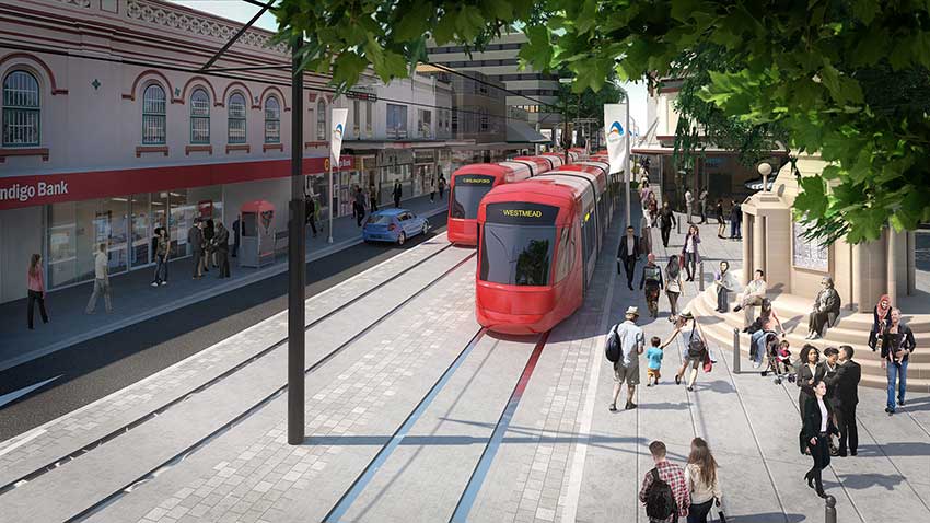 Artist impression on Parramatta Light Rail along Macquarie Street