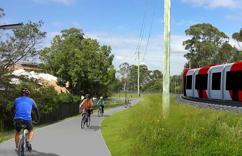 Artist impression of Parramatta light rail Carlingford line showing cyclists using bicycle path along train line