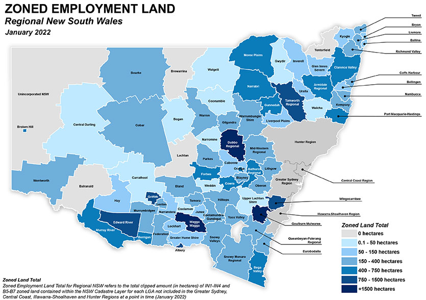 Map of Regional NSW Zoned Employment Land