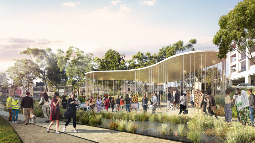 Artist’s impression of new open space fronting Wilson Street. Image credit: Transport for NSW