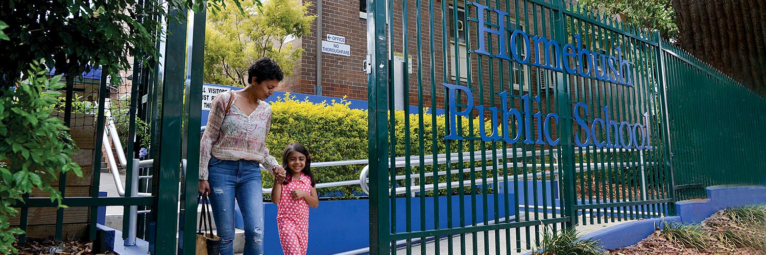 Mother dropping daughter off to school in Homebush, Inner West Sydney, NSW. Credit: NSW Department of Planning and Environment / Adam Hollingworth