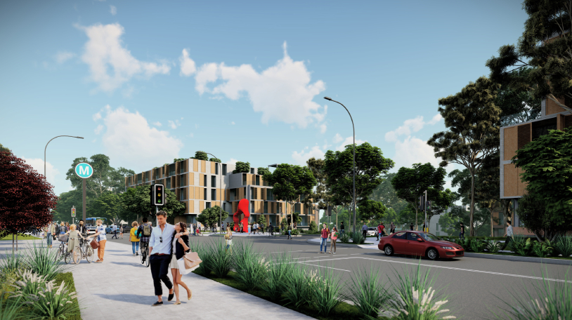 Artist’s impression of view along Castle Hill Road at Glenhope Road, immediately south of the metro station.