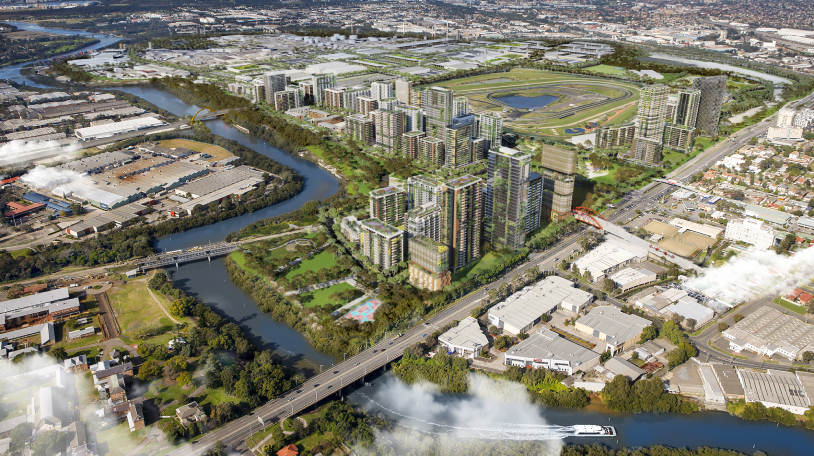 Artist’s impression of an aerial view of the future Camellia-Rosehill town centre.