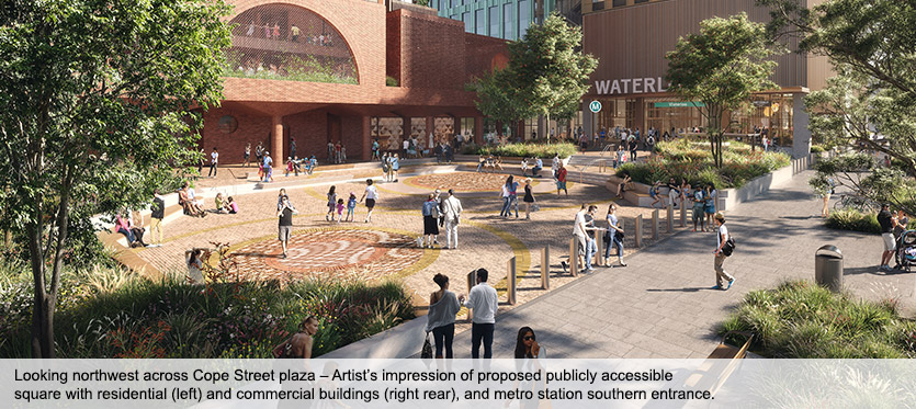 Artist's impression looking northwest across Cope Street plaza of proposed publicly accessible square.