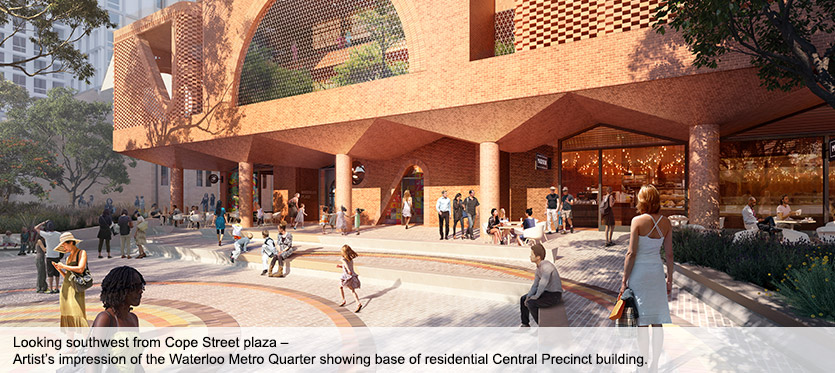Artist's impression looking southwest from Cope Street plaza showing base of residential Central Precinct building.