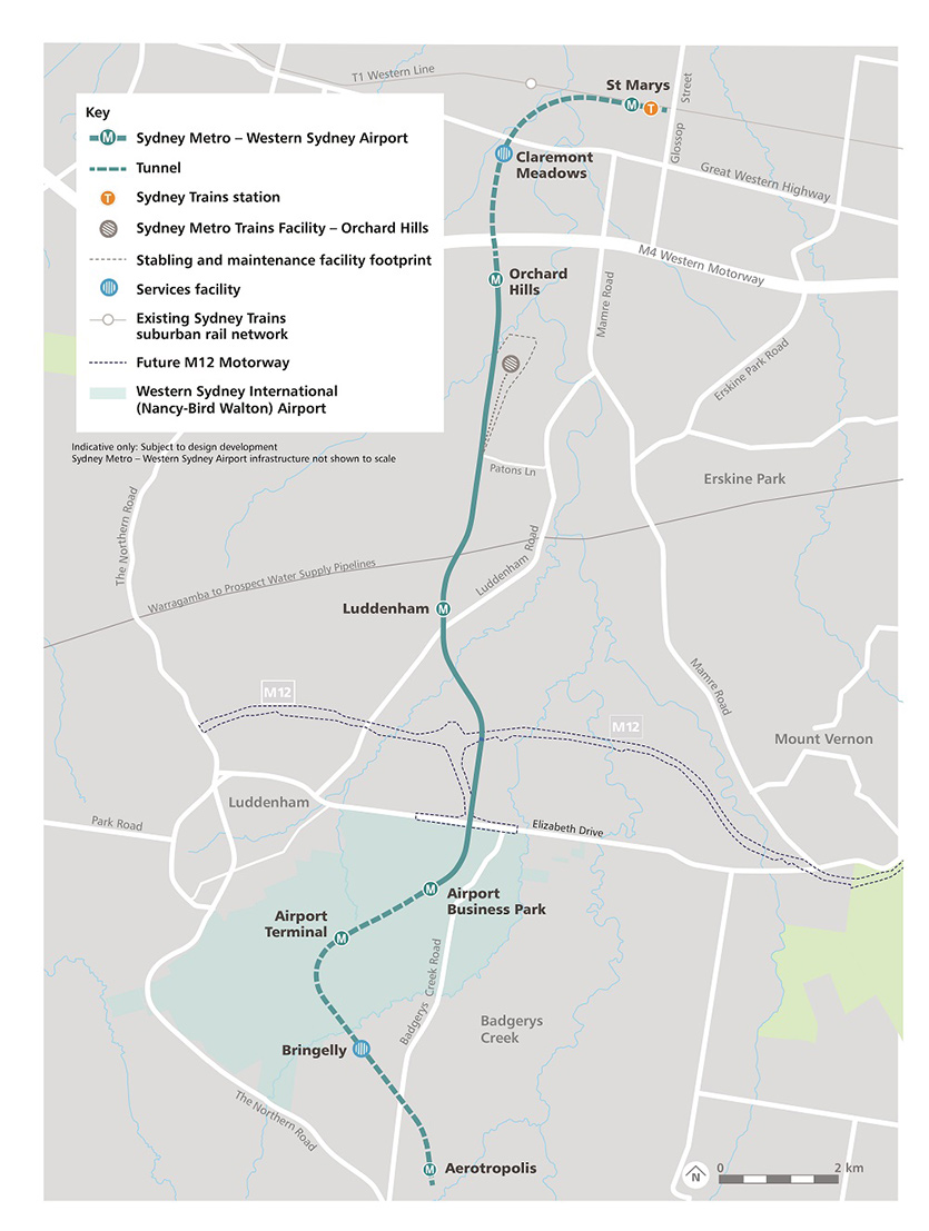 Metro line alignment map showing Western Sydney Airport line, including the six new metro stations.