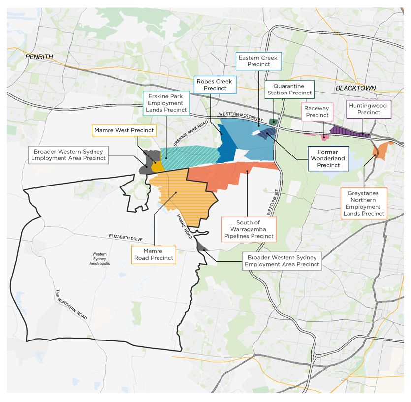 A map showing the Western Sydney Employment Area.