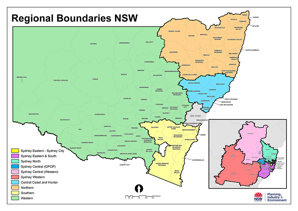 A map showing New South Wales regional boundaries.