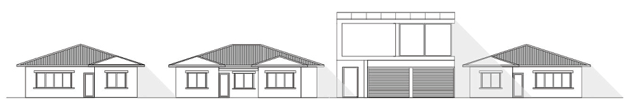 Diagram showing neighbourhood streetscape with a row of houses and a proposed housing design
