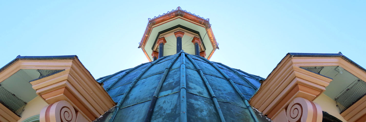 Heritage building ornate structure and roof details.