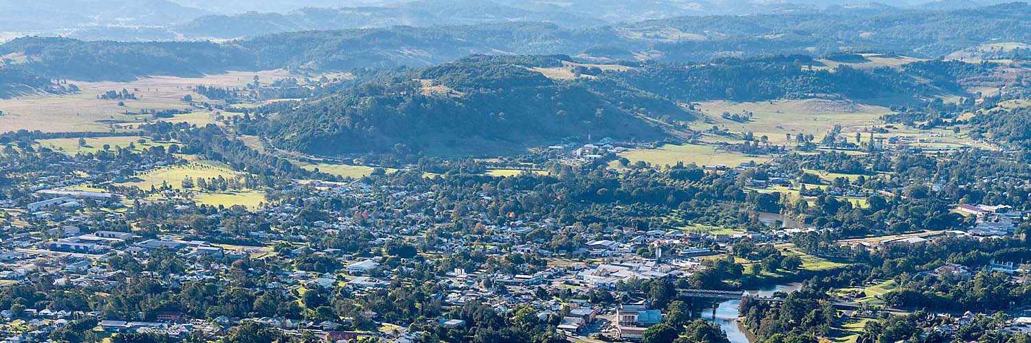 Aerial view over Lismore after significant flooding in 2022.