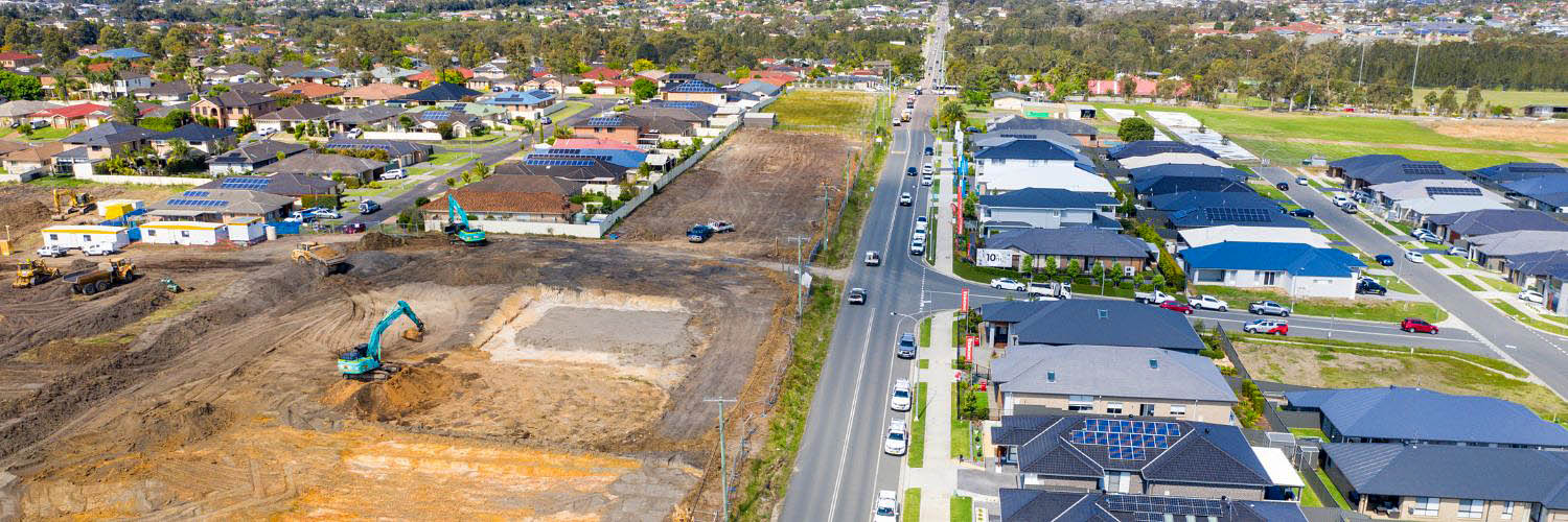 Aerial view of a residential subdivision under construction.