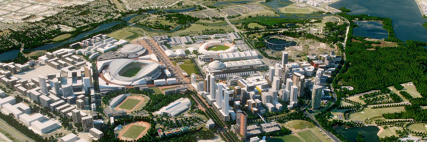 Aerial view of Sydney Olympic Park facilities and infrastructure.