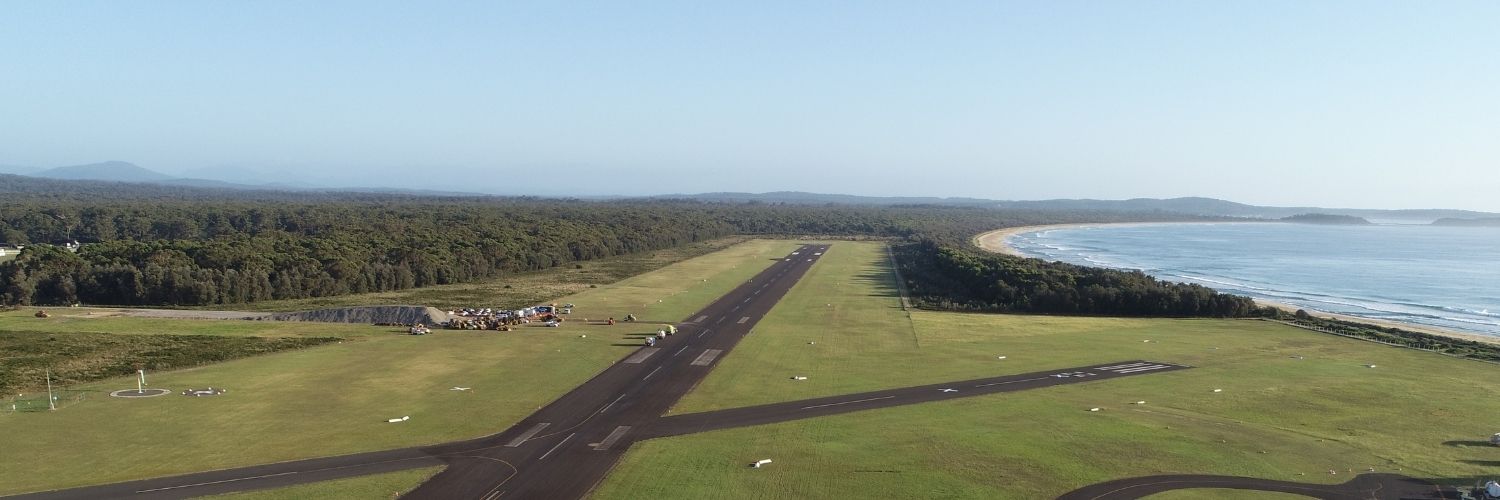 Aerial view of aeroplane landing strip.