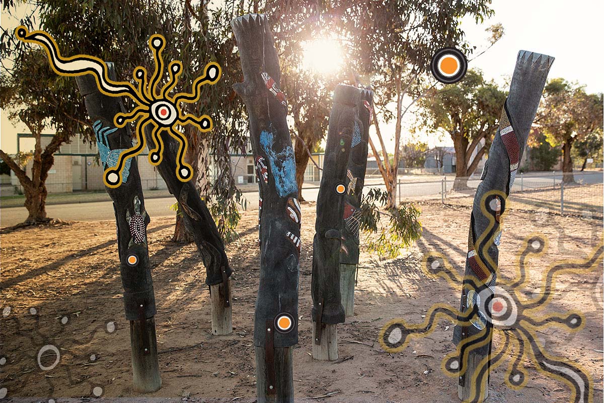 Aboriginal wood carvings near the Menindee Tourist Information Centre. Credit: Destination NSW. Credit: Destination NSW