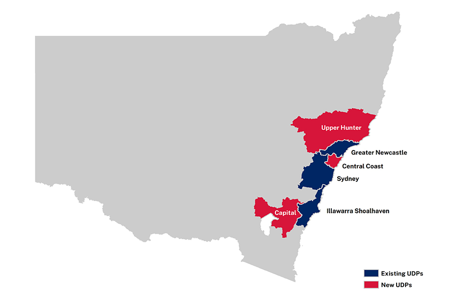 NSW map showing existing and new Urban Development Programs.