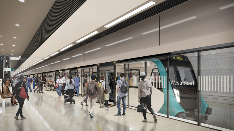 Passengers boarding a train at the Westmead Metro station.