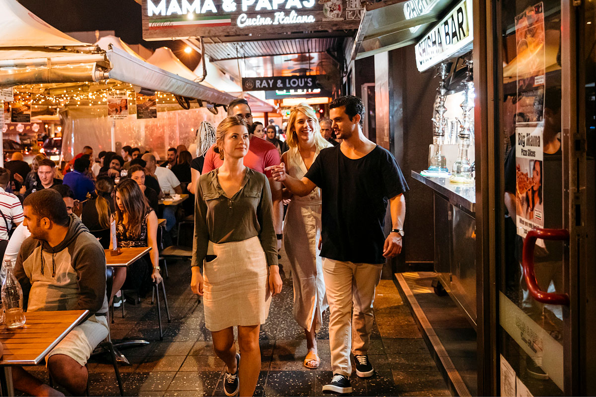 People dining at restaurants along Eat Street dining precinct in Parramatta. Credit: Destination NSW