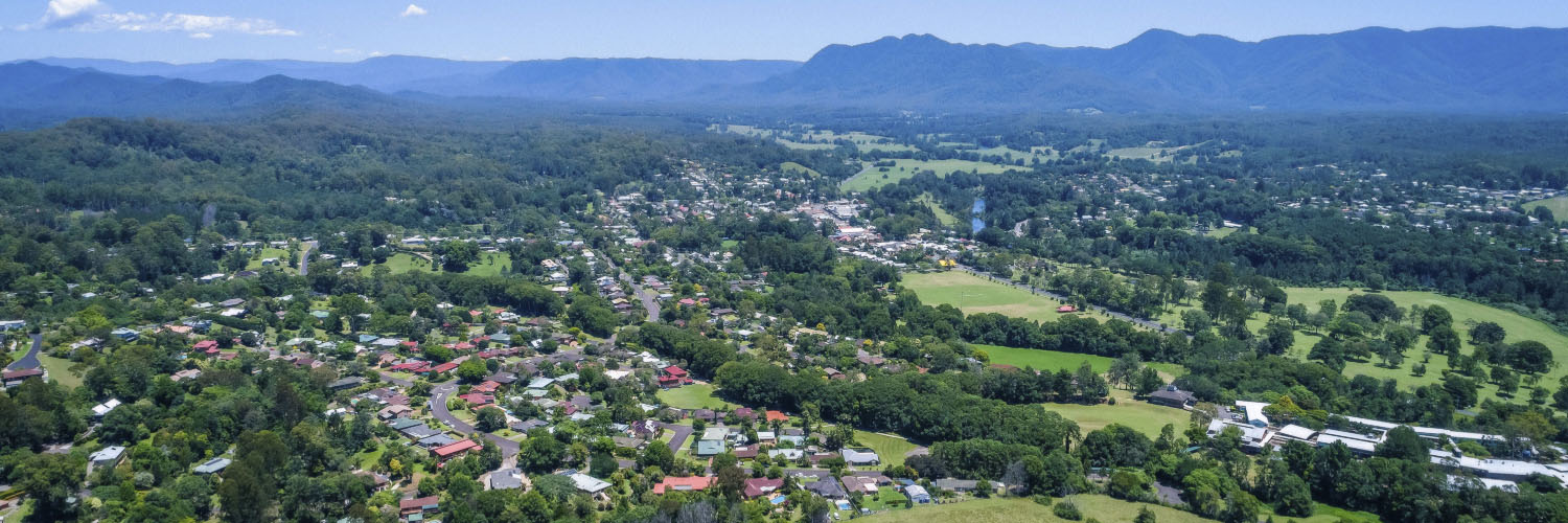 Aerial overlooking the mid-north town of Bellingen. Credit: Bellingen Shire Council