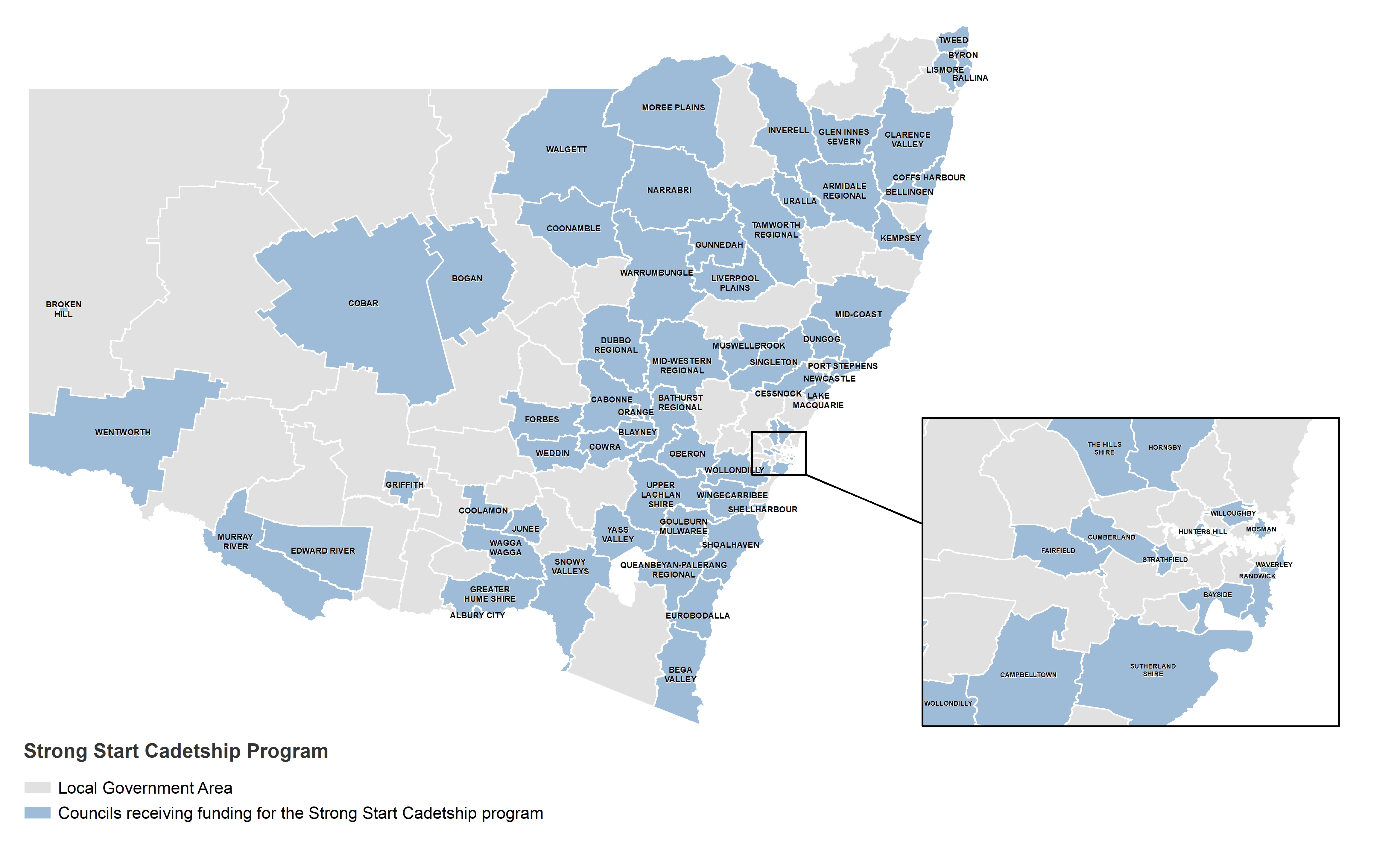 NSW map showing councils who received a Strong Start Planning Cadetship Grant