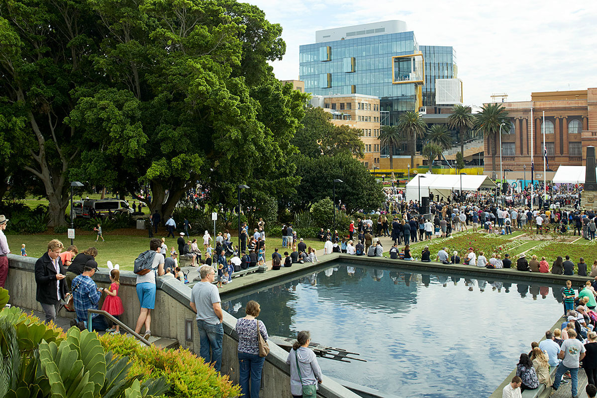 People gathering at Newcastle Civic Park. Credit: Cory White / Government Architect NSW