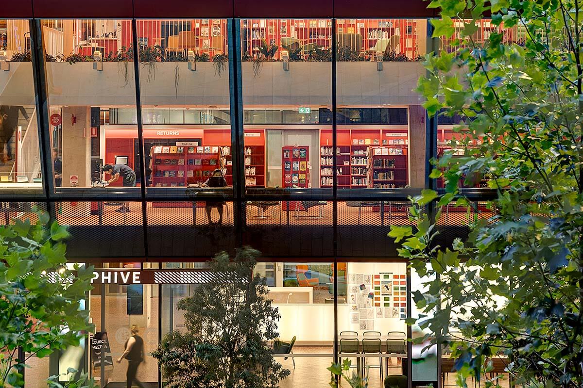 Views into City of Parramatta Library at PHIVE, Parramatta’s new community, cultural and civic hub in Parramatta’s CBD. Credit: Brett Boardman / Government Architect NSW