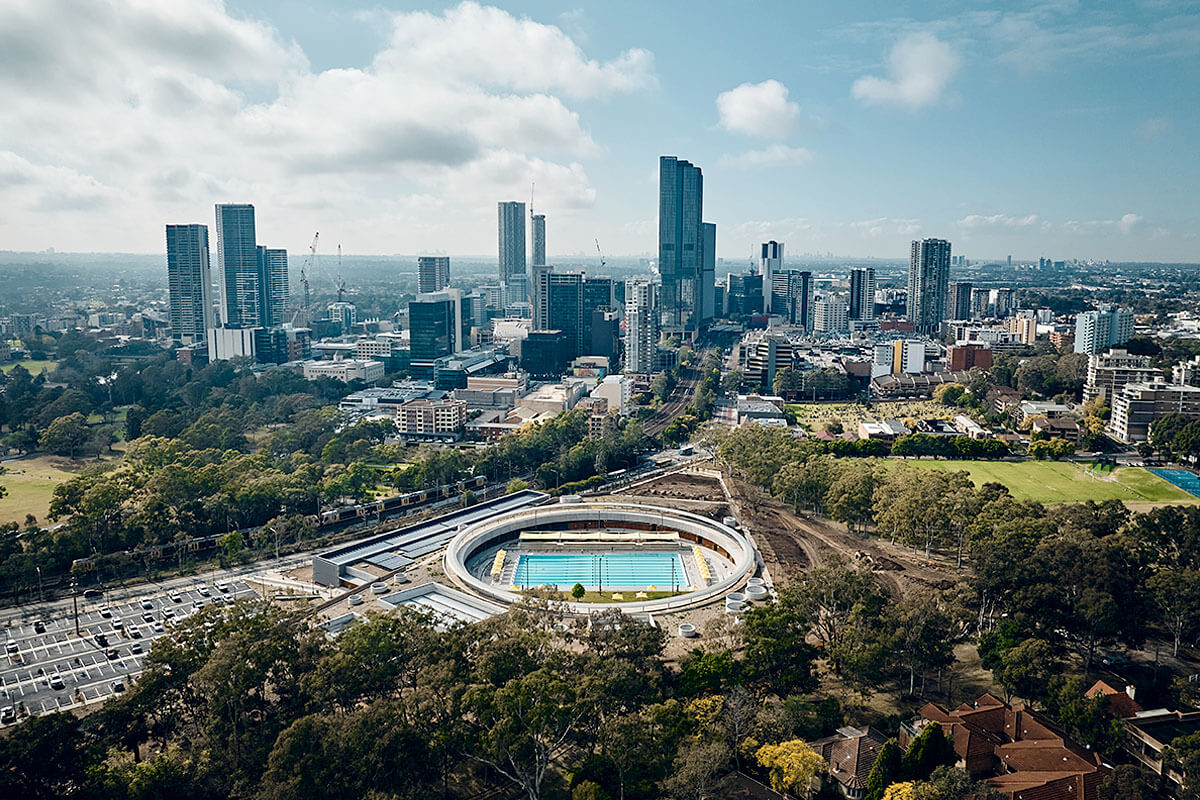 Aerial view of Parramatta Pool, designed by Grimshaw and ABA. Credit: Peter Bennetts / Government Architect NSW