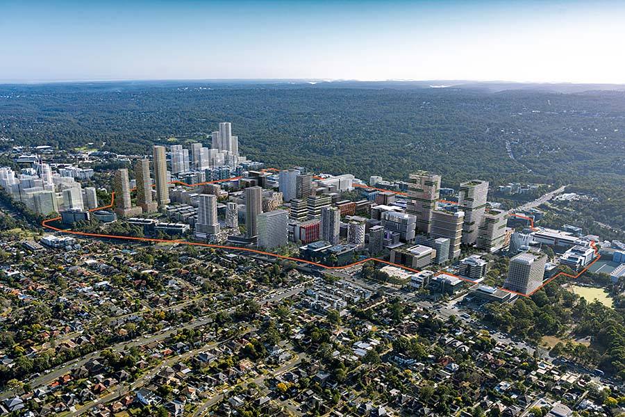 Aerial view from the south of Macquarie Park precinct with Stage 1 outline. Credit: NSW Department of Planning and Environment