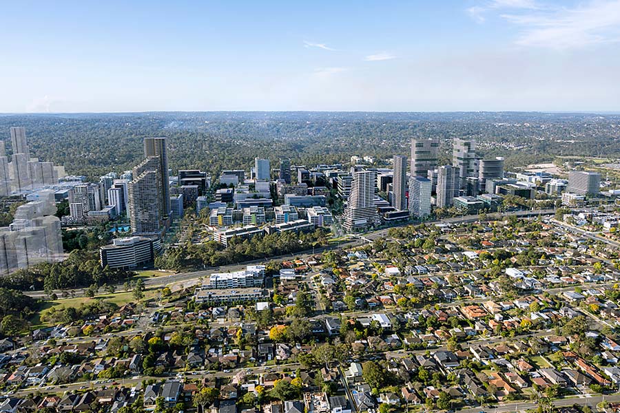 Aerial view from the south west of Macquarie Park precinct. Credit: NSW Department of Planning and Environment