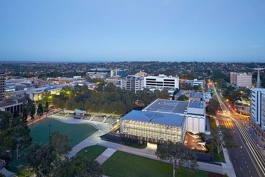 Better fit: The new library relates to the geometry, scale, and character of its older neighbour, Bankstown Town Hall. Credit: Christian Mushenko