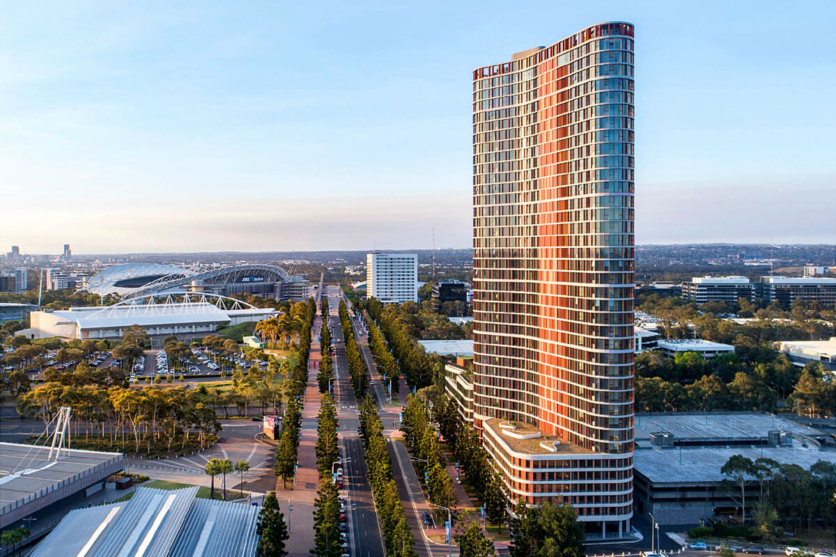 Boomerang Tower, Sydney Olympic Park – An attractive, shallow-floorplate tower form that capitalises on a highly prominent location to create amenity for residents. Credit: Mike Chorley