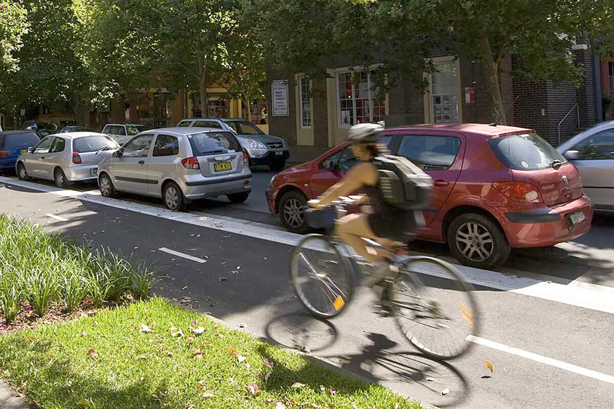 The Bourke Street cycleway is a 3.4 km active transport corridor across a traffic-congested area of inner city Sydney, from Woolloomooloo to Waterloo. Credit: Simon Wood / Cirt of Sydney