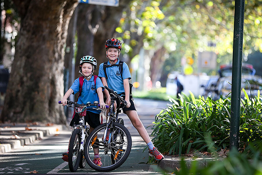 Connectivity: Bicycle journeys to school have become common on Bourke Street. Credit: Simon Woods, City of Sydney