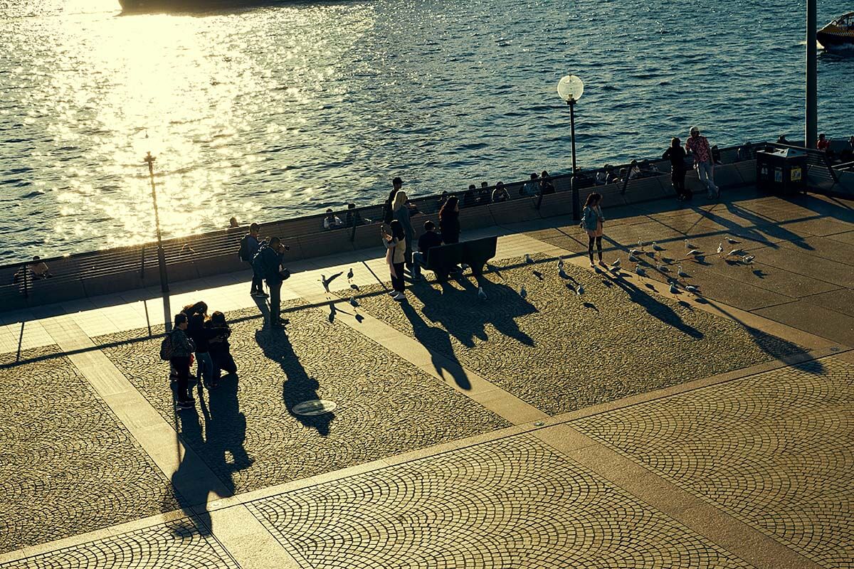 Groups of people at the Sydney Opera House in the afternoon sun. Credit: Cory White / Government Architect NSW