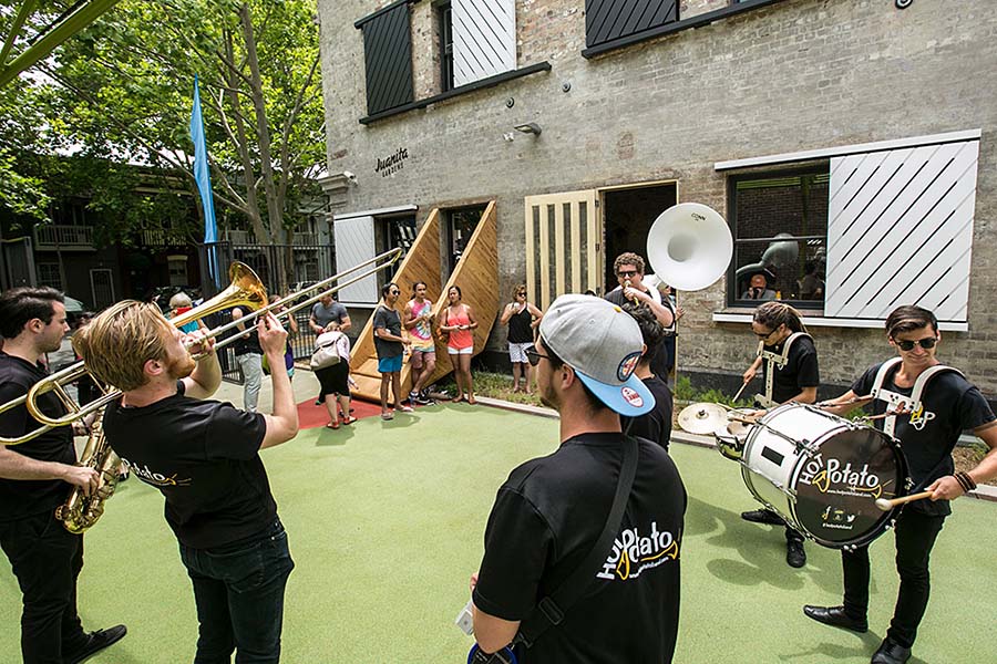 Better for community: An adjoining laneway has been annexed to create a pocket park that can open to the street, or be closed for exclusive use by the centre’s childcare facility. Credit: Jamie Williams, City of Sydney