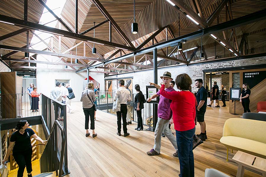 Better look and feel: The roof and ceilings have been replaced using new exposed timber trusses that follow the structure and aesthetic of the original roof form. The building users were keen to keep this aspect of the building’s original appearance. Credit: Jamie Williams, City of Sydney