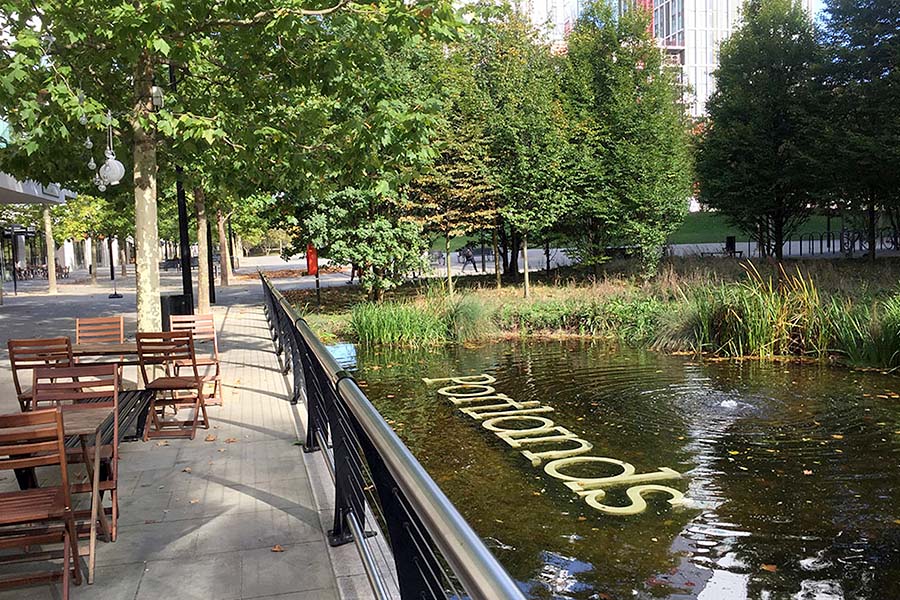 Multifunctionality: The Glade Walk integrates water treatment using a public pond and landscaping. Credit: Libby Gallagher