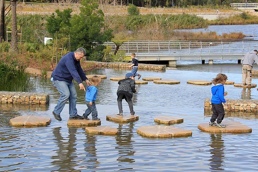 Connectivity: Raised stepping stones encourage people to explore the park’s water treatment systems. Credit: Adam Hunter