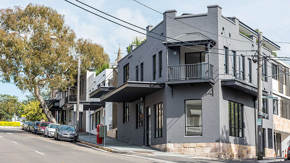 Highbury Rise incorporates the refurbishment of an existing Victorian corner building on Darling Street in Balmain and a new 2-storey residential apartment building of 7 new dwellings. Credit: Keith McInnes. Source: Squillace Architects