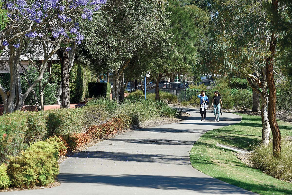Female friends walking in park area at Salt Pan Creek reserve in Riverwood, South Sydney NSW. Credit: NSW Department of Planning and Environment / Adam Hollingworth