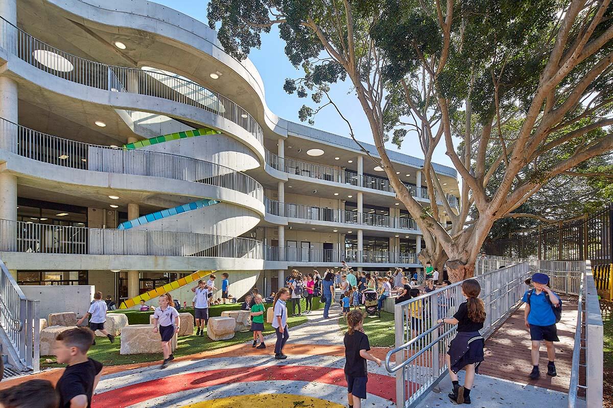 Children playing at Bellevue Hill Public School, Gadigal Country, designed by Group GSA. Credit: NSW Department of Education / Tyrone Branigan