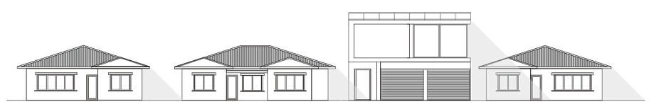 A 2-dimensional, black and white sketch of 4 houses. There are 3 single-storey houses with pointed rooves, and one 2-storey, rectangular building with garages on the ground floor and full-length windows on the top floor..