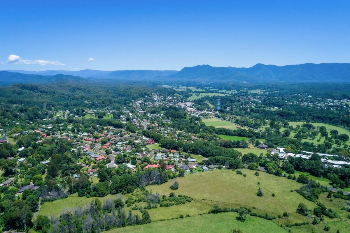 Aerial overlooking the mid-north town of Bellingen. Credit: Bellingen Shire Council