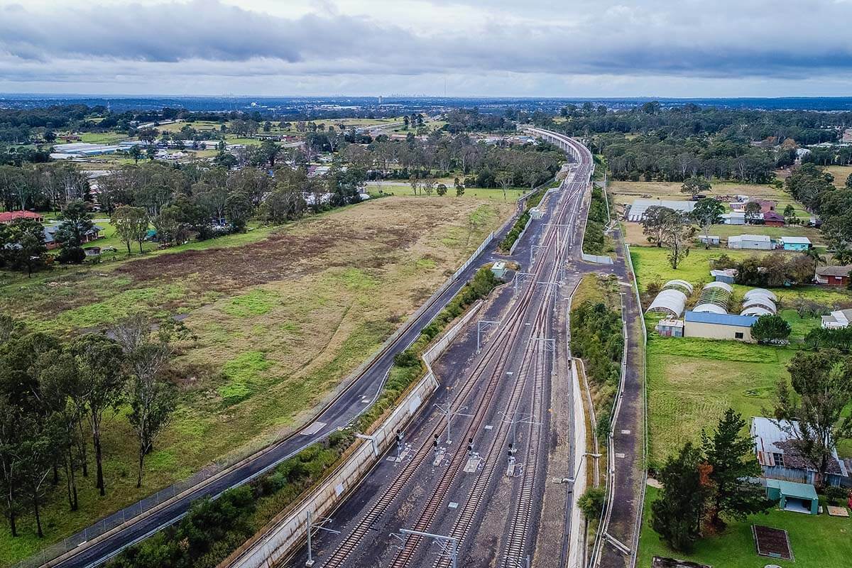 Bird's-eye view of the Glenfield to Leppington South West Rail line in NSW. Credit: NSW Department of Planning and Environment / Salty Dingo