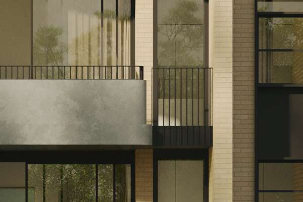 Example render of concrete balustrade with dark railings. Credit: Studio Johnston