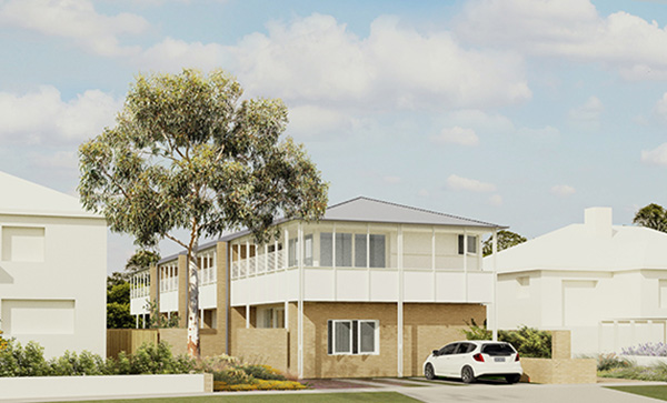Row homes design by 01 SAHA render street view of 2-storey house with 2 houses on either side with less detail. Credit: SAHA
