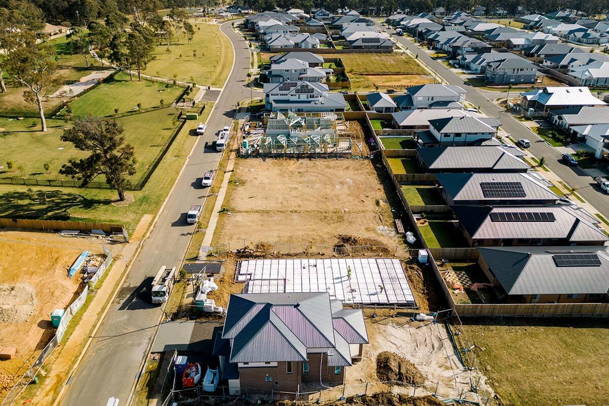 Aerial view of residential housing development in Camden NSW. Credit: NSW Department of Planning, Housing and Infrastructure / Bill Code
