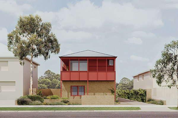 Example render of blonde brick base and red façade, balustrade and details. Credit: SAHA